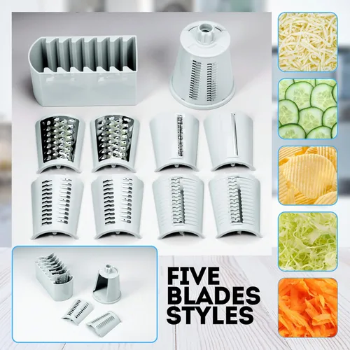 Vista 5 de Rallador de queso giratorio 5 en 1 con asa, cuchillas de acero inoxidable, cortador de verduras, triturador, rallador de zanahorias y repollo