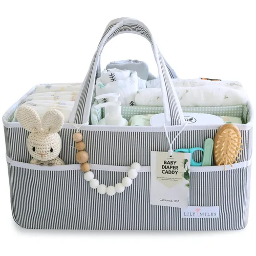 Vista 17 de Lily Miles Organizador de pañales para bebé - Bolso tote organizador para artículos esenciales de bebé niña - Cesta de regalo para baby shower