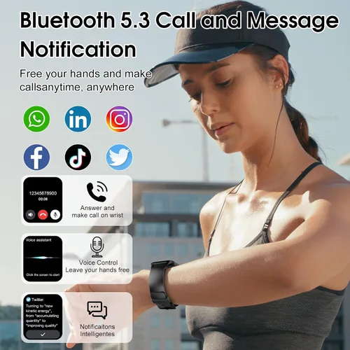 Vista 3 de Reloj inteligente para hombres y mujeres (respuesta/hacer llamadas), reloj de fitness HD de 1.85 pulgadas con monitor de frecuencia cardíaca y Negro