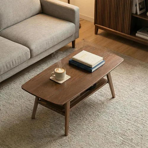 Vista 12 de Mesa auxiliar de madera maciza de 2 niveles para sala de estar (nogal, 31.49 pulgadas) Mid-century modern design with natural wood grain. Safe and