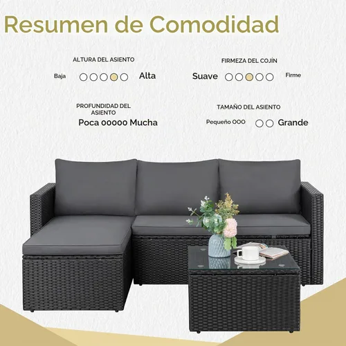 Vista 7 de JAMFLY Juego de sofá seccional de 3 piezas para exteriores con mesa de centro de cristal, muebles de mimbre de polietileno para todo tipo de clima