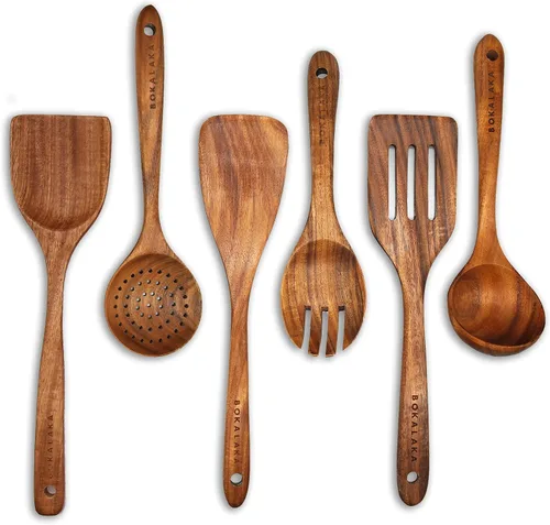 Vista 10 de Juego de utensilios de cocina de madera de teca, 7 piezas, utensilios de cocina de madera, incluye espátula