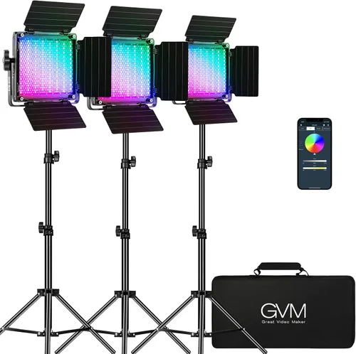Vista 11 de GVM - Luz de video LED RGB con soporte de trípode, kit de iluminación de estudio con panel de control de aplicación, 3200K-5600K regulable, CRI97