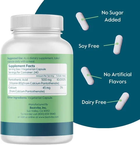 Vista 2 de BESTVITE Ácido pantoténico 500 mg (vitamina B5) (240 cápsulas vegetarianas) - Sin estearatos - Sin gelatina - Sin silicato de calcio - Vegano - Sin