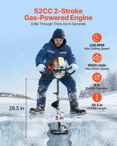 Vista 2 de VEVOR 52CC Gas Powered Ice Auger for Ice Fishing 8" Diameter