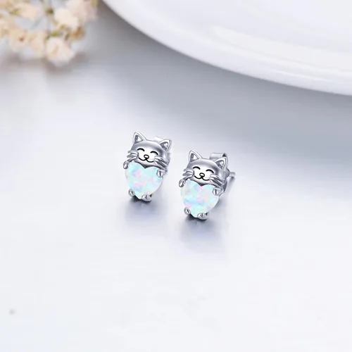 Vista 3 de Aretes de plata de ley 925 con diseño de gato, bonitos aretes de gato con diseño de gatito, joyería de regalo para mujeres y niñas, aretes