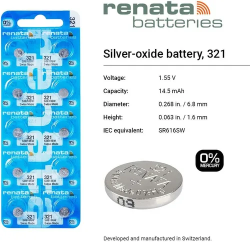 Vista 2 de Renata 321 SR616SW Baterías – 1.55 V Óxido de Plata 321 Batería de reloj (2 unidades)