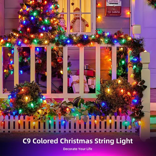 Vista 6 de Luces LED C9 de Navidad para exteriores, 34 pies, 50 LED, impermeables, decoraciones navideñas de fresas, luces de cadena, enchufables, luces