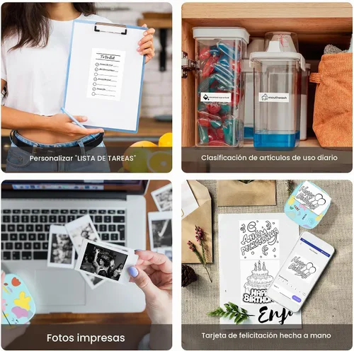 Vista 6 de Mini impresora portátil de calcomanías, mini impresora térmica con 3 rollos de papel, cápsulas de impresión sin tinta Bluetooth, etiquetadora
