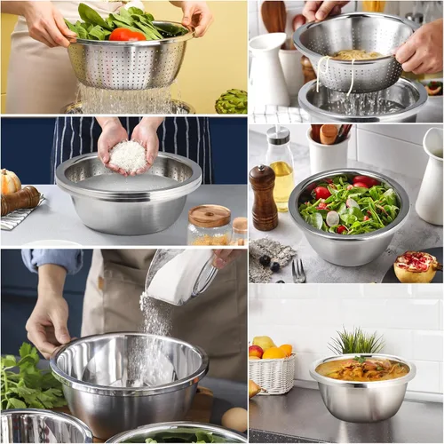 Vista 6 de Colador de acero inoxidable 304 de 3 cuartos con tazones para mezclar, colador para alimentos de cocina para lavar verduras, frutas, arroz, apto
