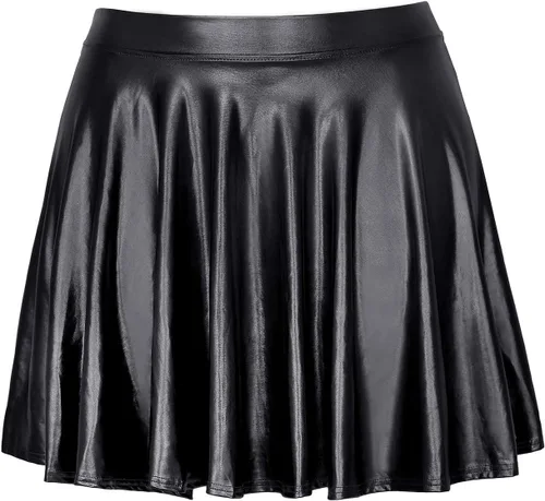 Vista 7 de HDE Falda acampanada plisada para mujer, estilo casual, metálica, acampanada, para patinadora Negro