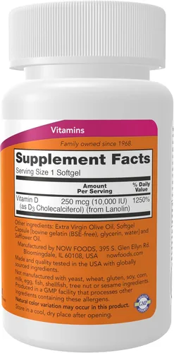 Vista 2 de NOW Foods Suplementos, Vitamina D-3 10,000 UI, Máxima Potencia, Apoyo Estructural*, 120 cápsulas blandas