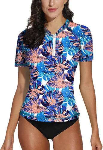 Vista 12 de BesserBay Camiseta de natación de manga corta con cremallera UPF 50+ para mujer, de secado rápido