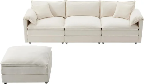 Vista 9 de Sofá modular modular en forma de L de 103.5 pulgadas para sala de estar, cómodos sofás de felpilla de 4 plazas con otomana móvil (crema)