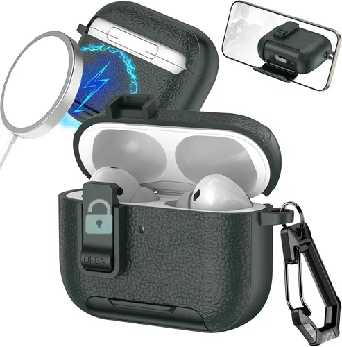 Vista 15 de Funda de cuero con clip de bloqueo para AirPods Pro 2ª/1ª con mosquetón, soporte de carga inalámbrica con soporte, cubierta de protección resistente