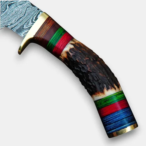 Vista 4 de Rait tail Hecho a mano forjado a mano Damasco caza/desollar cuchillo Stag/asta mango con funda