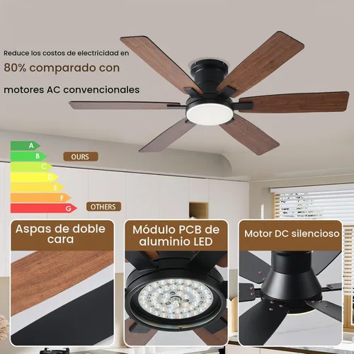 Vista 2 de Ayaoty Ventiladores de techo de cristal con luces, lámpara retráctil de 48 pulgadas con LED regulable, motor CC reversible, montaje empotrado, luz