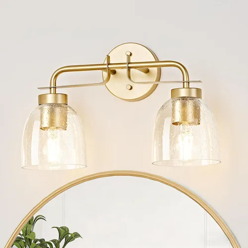 Vista 13 de Luces de tocador modernas de mediados de siglo de 16 pulgadas, lámpara dorada de 2 luces con pantallas de campana blancas esmeriladas, aplique