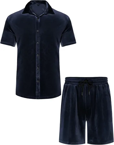 Vista 4 de LecGee Conjunto de pantalones cortos casuales de verano para hombre, camisa de terciopelo de manga corta con botones, pantalones cortos de cintura