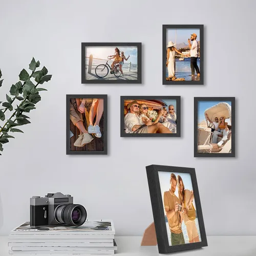 Vista 7 de ATOBART Portarretratos de madera negra de 4 x 6 pulgadas, paquete de 6 marcos de fotos de cristal Plexi para colgar en la pared y la mesa, juego de 6