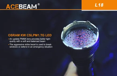 Vista 2 de ACEBEAM Linterna LED OSRAM de largo alcance L18 -1500 lúmenes, distancia de haz de 0.6 mi, batería no incluida