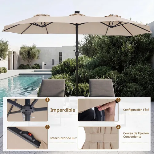 Vista 7 de Tangkula Sombrilla solar de patio de 13 pies, sombrilla de doble cara extra grande para mesa de mercado al aire libre con 36 luces LED, mango