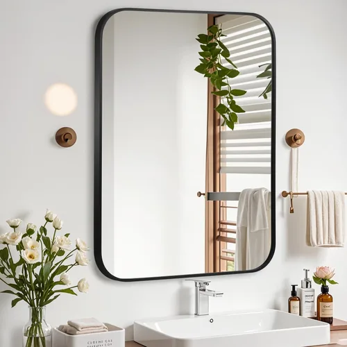Vista 26 de Espejo de baño negro de 22"x30", espejo rectangular con marco de metal negro mate, espejo de tocador con esquinas cuadradas, espejo para pared