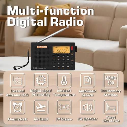 Vista 4 de XHDATA R108 Radio Portátil AM/FM/SW/LW/Airband Receptor de Onda Corta Radio Operado por Batería con Buena Recepción, Excelente Sonido Altavoz