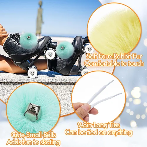 Vista 6 de PAMASE Pompones para Patines de Ruedas para Niñas y Mujeres - 6 Pares de Pompones Esponjosos y Coloridos con Cascabeles, Cordones de Zapatos