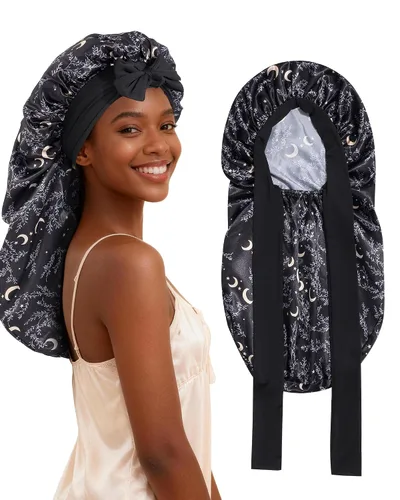 Vista 20 de AWAYTR - Gorro de satén para trenzas y cabello largo durmiendo para mujeres Long Satin Sleep Cap With Adjustable Tie Band, Protecting Braids Curly