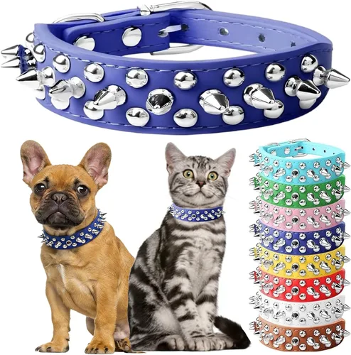 Vista 10 de Collar de perro con pinchos para perros pequeños, collares de cachorro macho con pinchos de cuero PU con remaches de hongos, collares tachonados