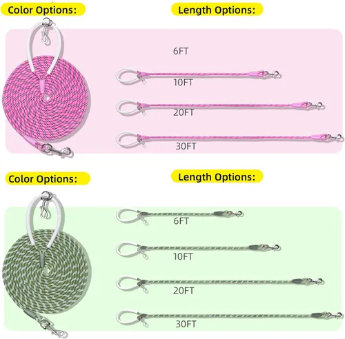 Vista 7 de Correa de entrenamiento ligera de nylon de 30 pies x 1/4 pulg. rosa con cómodo asa de silicona altamente reflectante, sin enredos, para perros