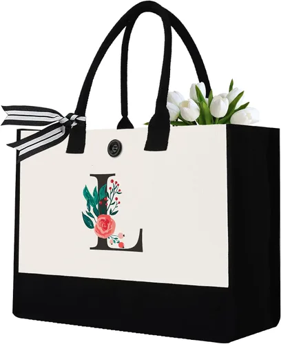 Vista 28 de Initial Canvas Tote Bag, Monogrammed Tote Bags Suitable for Mother's Day Wedding Beach