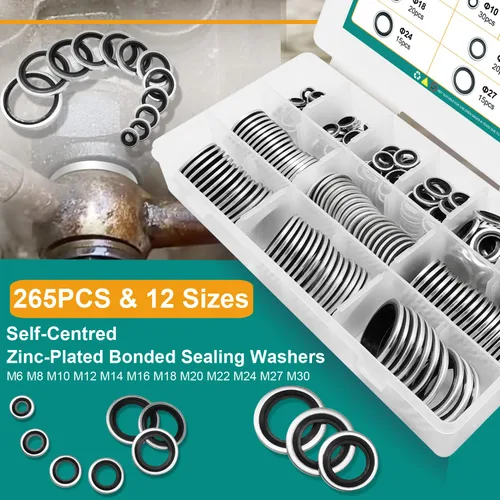 Vista 3 de 265 piezas NBR Arandelas de sellado unidas de metal, acero chapado en zinc métrico autocentrado Dowty Seal Junta de sellado aplastante Kit surtido