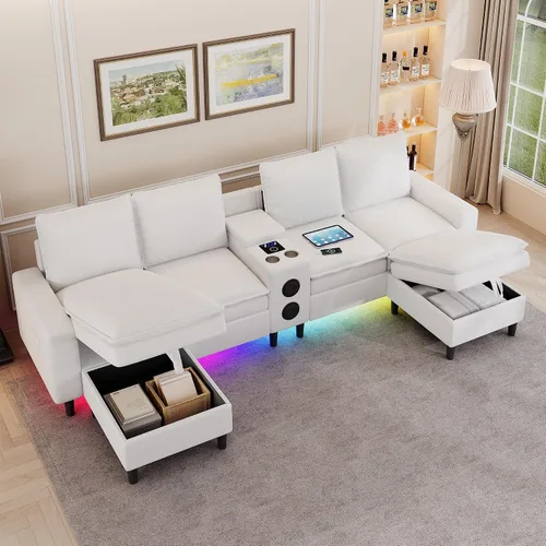 Vista 9 de Sofás seccionales para sala de estar, sofá modular de 4 asientos con módulo inteligente, altavoz Bluetooth, luz RGB, estación de carga, sofá de nube