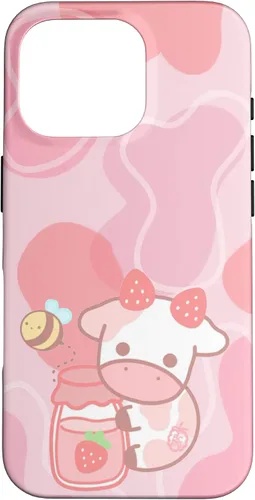 Vista 19 de Funda Kawaii para iPhone 12, diseño de vaca fresa, color rosa