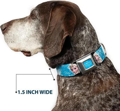 Vista 7 de Buckle-Down Collar de perro con hebilla de cinturón de seguridad, cara de Elsa congelada, postura de acción, copos de nieve, azul, blanco, 1.5