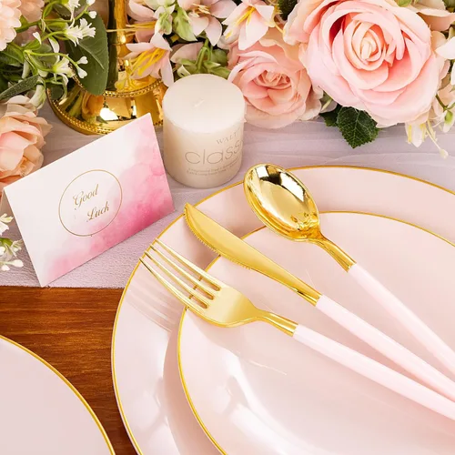Vista 3 de Liacere 150 platos de plástico, cubiertos de plástico dorado con mango rosa, platos desechables color rosa incluyen 30 platos, tenedores, cucharas