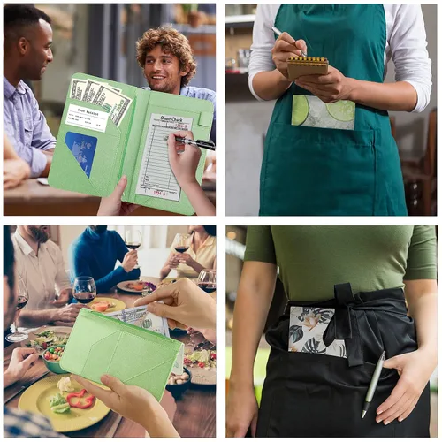 Vista 7 de Libro de Servidor, Libros de Servidor de Cuero PU para Mesera, Libro de Mesera con 1 Bolsillo con Cremallera, Billetera de Mesero con 9 Bolsillos