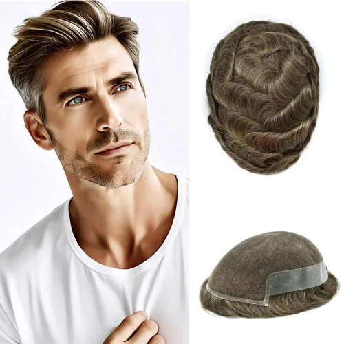Vista 26 de Mens Toupee Remy Human Hair System For Men Bleached Knot Toupee Hair Piece For Men French Lace Toupee For Men Hairpiece 8X10#17 Dark Ash Blonde 90%