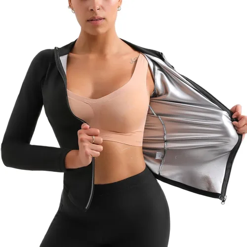 Vista 6 de Traje de sauna, chaqueta moldeadora de cuerpo de sudor caliente, entrenador de cintura, manga larga, con cremallera, camiseta de entrenamiento