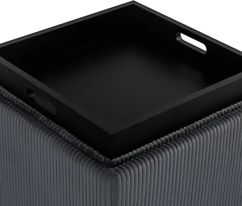 Vista 7 de Otomana Cuadrada con Almacenamiento con Bandeja, Pequeño Taburete de Reposapiés de Corderito, Mesa de Centro para Dormitorio y Sala de Estar, Gris