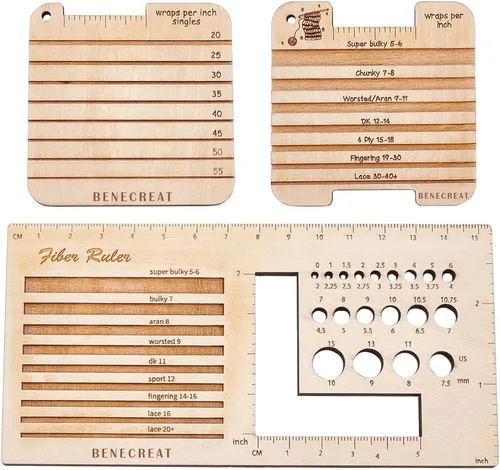 Vista 11 de BENECREAT 6 estilos de reglas de calibre de tejer de madera, gancho de ganchillo y envoltura de hilo por pulgada, herramienta de tejer para 6