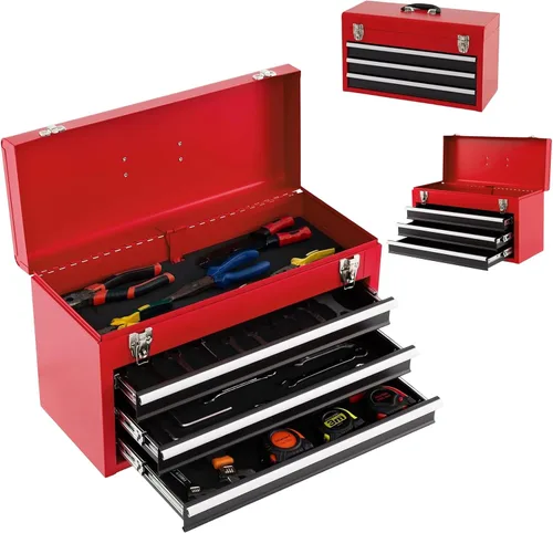Vista 9 de ERGOMASTER Caja de herramientas portátil, caja de herramientas de metal de 20.5'' con 3 cajones, cofre de herramientas de almacenamiento resistente