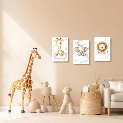 Vista 2 de DOARTDO Lienzo decorativo para cuarto de bebé, 3 piezas, diseño de elefante, león, jirafa, pintura para habitación de niños, marco decorativo