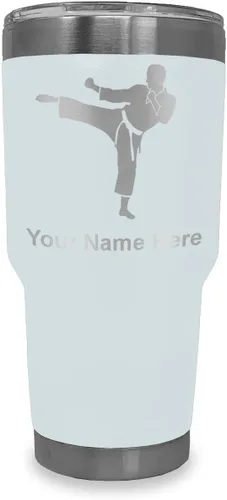 Vista 8 de LaserGram Vaso aislado al vacío de 20 onzas, Karate Man, grabado personalizado incluido (negro) Engraved Gift, Vacuum Insulated Stainless Steel