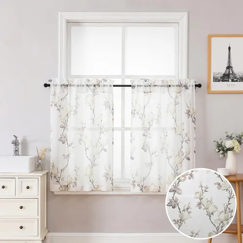 Vista 25 de SMILE WEAVER 2 paneles de cortinas traslúcidas turquesa de 45 pulgadas de largo, para sala de estar, cortinas semitransparentes florales
