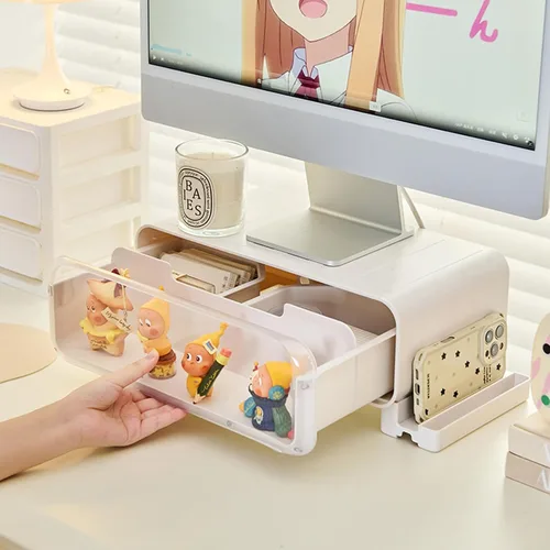 Vista 5 de Soporte Elevador para Monitor Pequeño, Soporte para Monitor de Computadora con Cajón y Minifiguras de Exhibición, Soporte de Escritorio