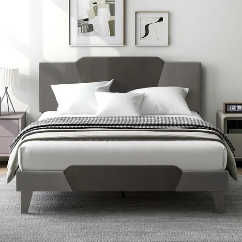 Vista 10 de GIANTEX Marco de cama tapizado de terciopelo completo con cabecero, cama de plataforma moderna con listones de madera fuertes y estribo de 2