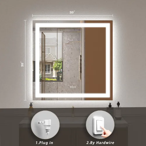 Vista 6 de Espejo de baño LED iluminado de 30 x 30 pulgadas para pared, espejo cuadrado de tocador con luces, regulable, antivaho, a prueba de roturas